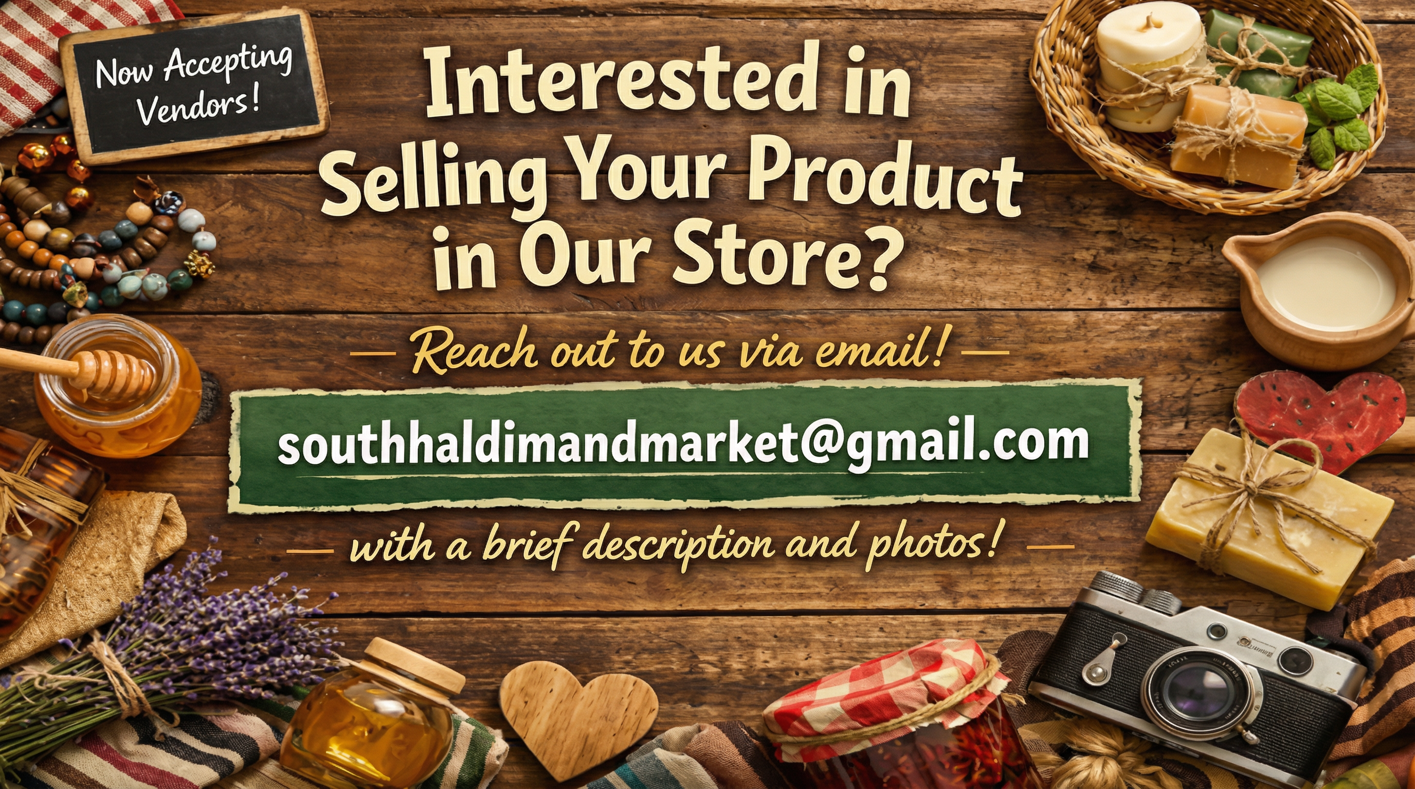 Now Accepting Vendors! Interested in selling your product in our store? Reach out to southhaldimandmarket@gmail.com with a brief description and photos.